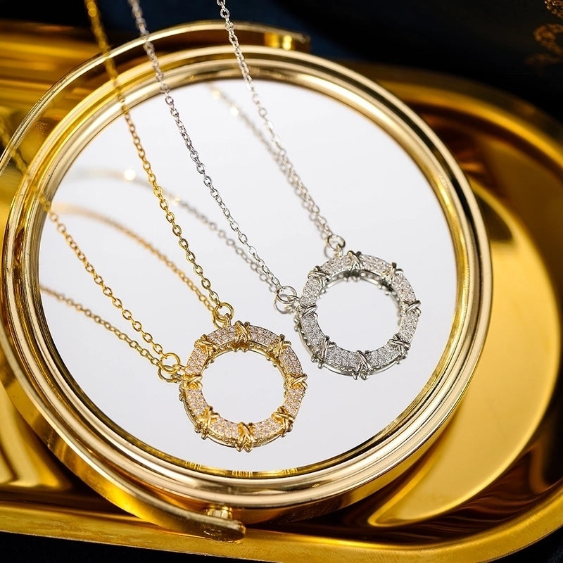 Shiny Solid Color 304 Stainless Steel Copper Inlay 18K Gold Plated Zircon Pendant Necklace