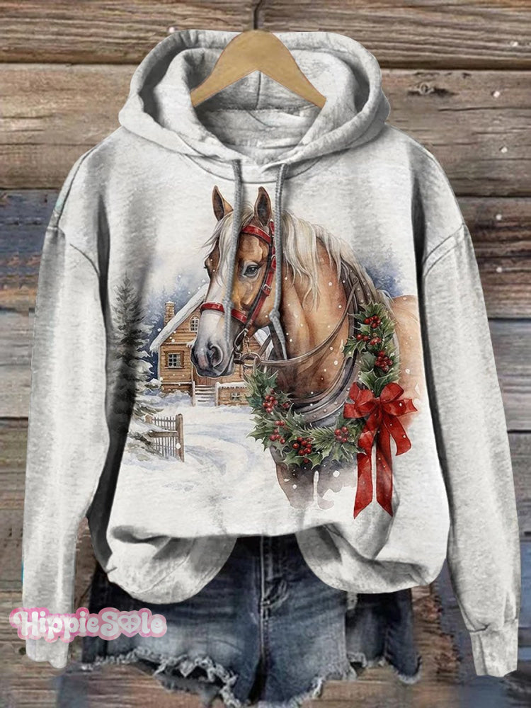 Christmas Horse Art Print Casual Hoodie Multicolor / S