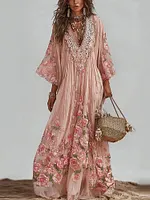 Vintage Boho Floral Lace Patchwork Flowy Linen Maxi Dress