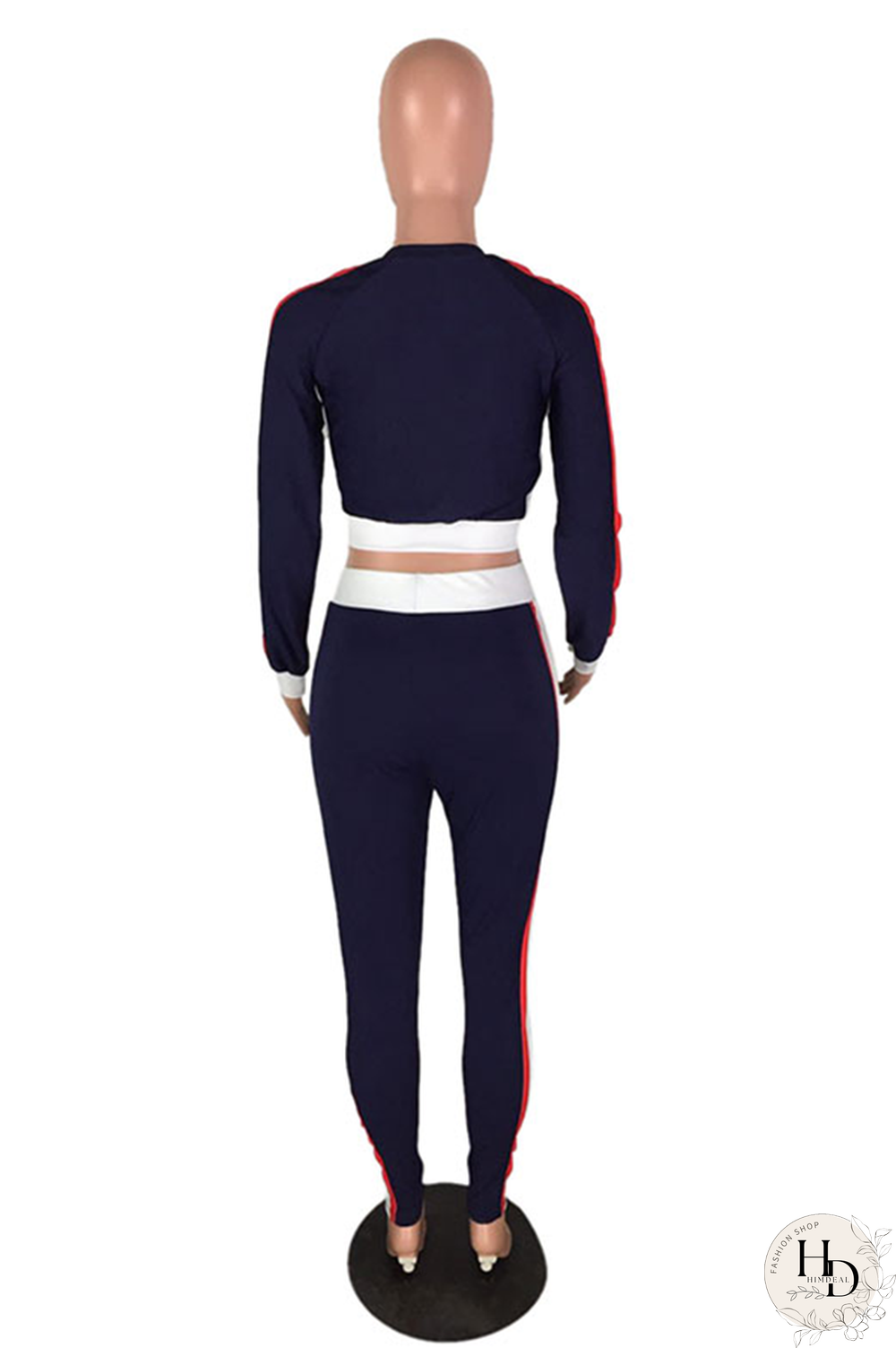 Navy Blue Elastic Fly Long Sleeve Mid Patchwork pencil Pants Two-piece suit