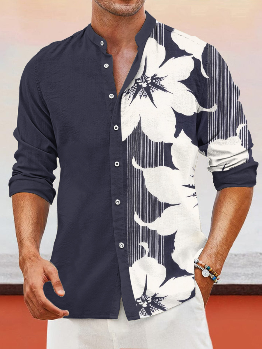 Men's Linen Japanese Design Floral Print Casual Long Sleeve Shirt / TECHWEAR CLUB / Techwear