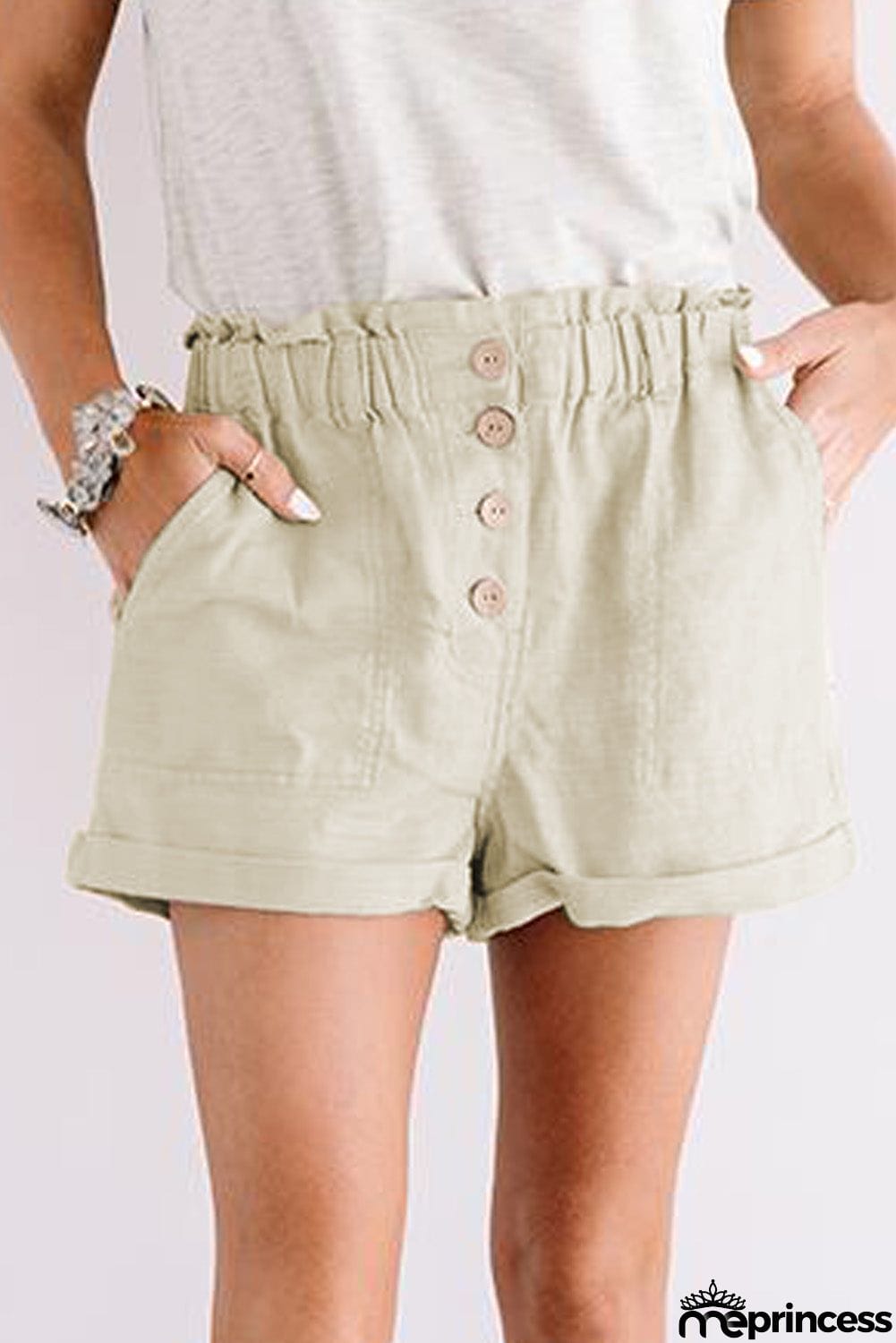 Khaki Cuffed High Waist Shorts