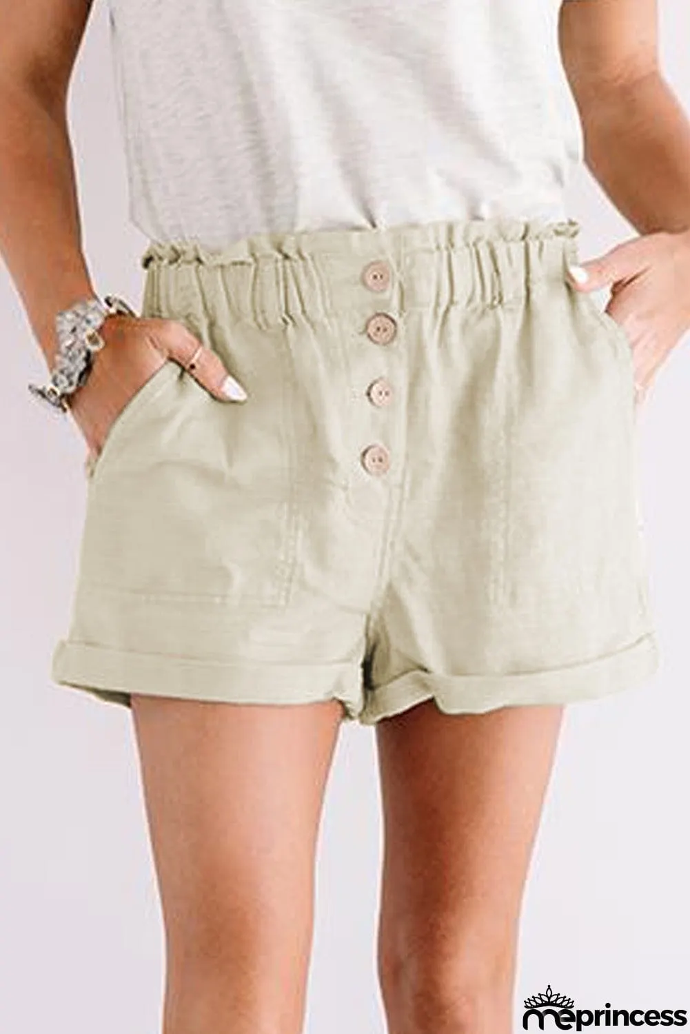 Khaki Cuffed High Waist Shorts