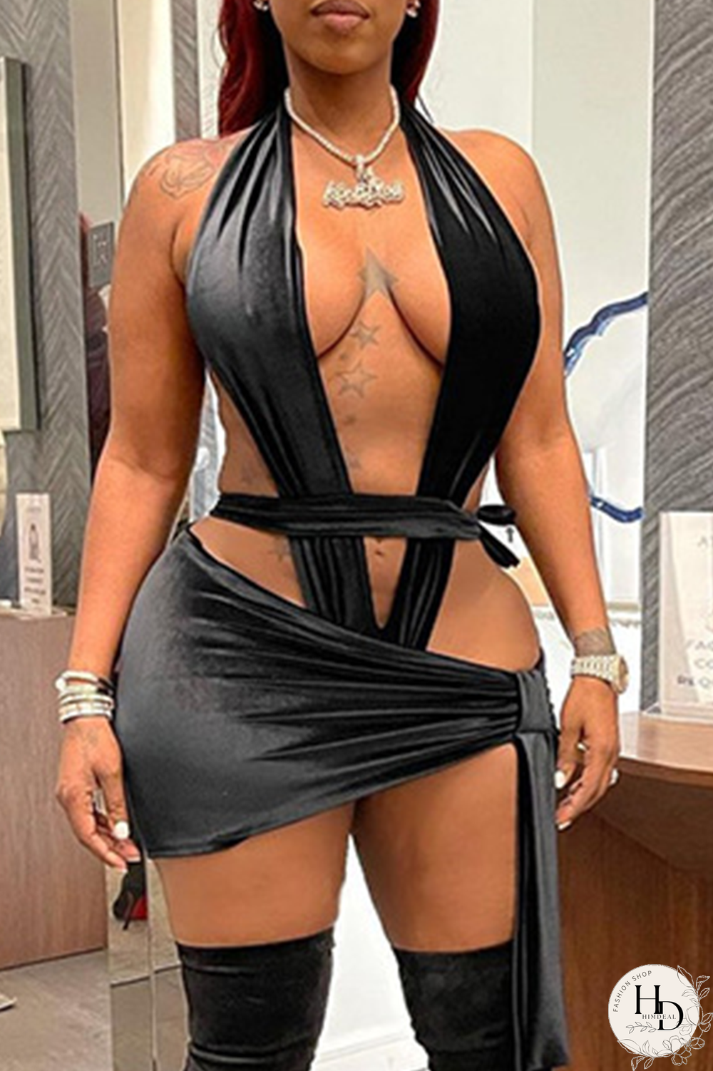 Black Sexy Solid Bandage Halter Sleeveless Two Pieces