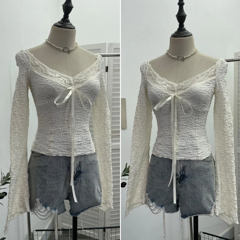 Uveng Real Shooting Merard Wind Strapted Bow Splicing Lace Pure Desire Blouse Folding Body Short Blouse 6015