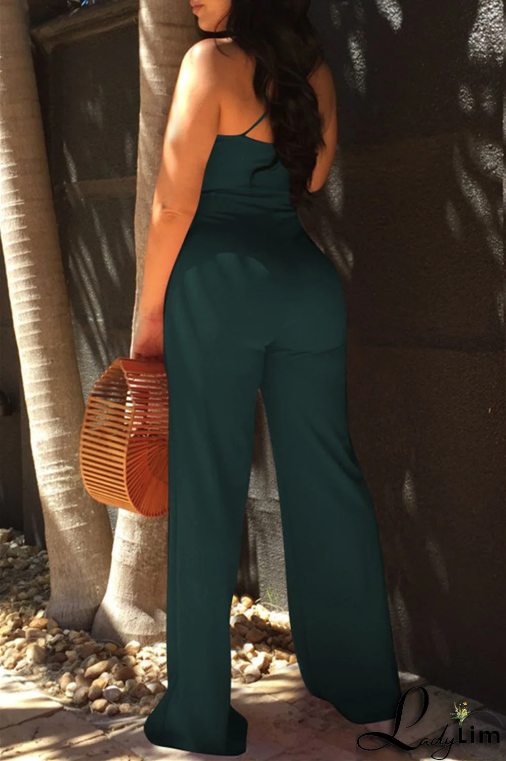 Army Green Sexy Casual Solid Backless V Neck Regular Jumpsuits