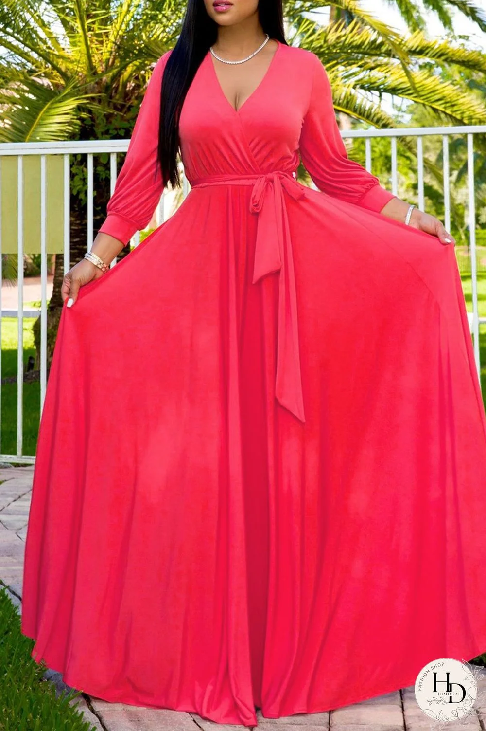 Rose Red Fashion Casual Solid Bandage V Neck Long Sleeve Dresses