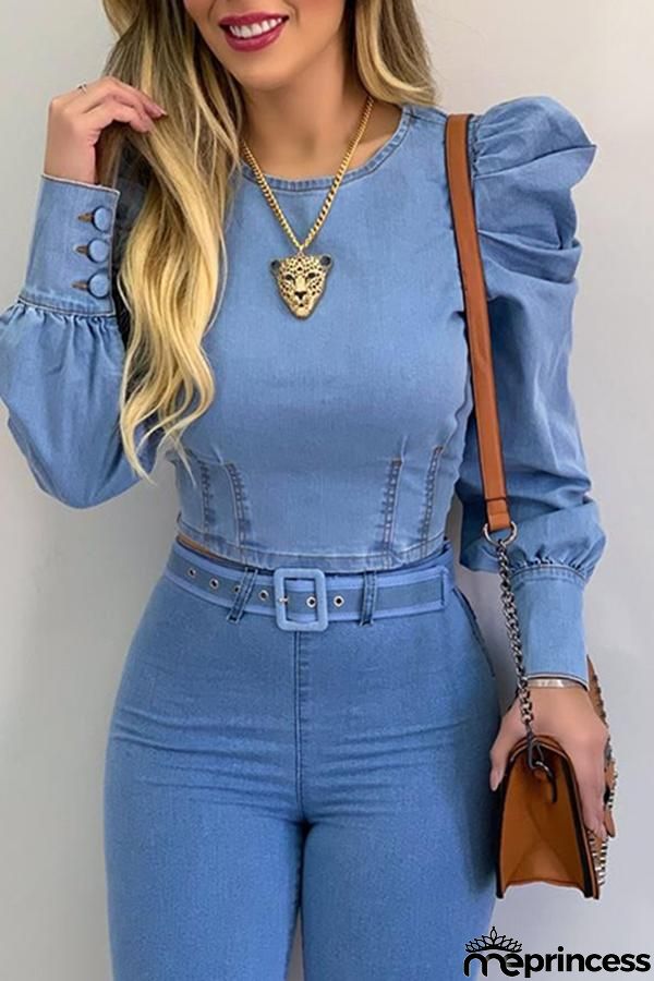 Puff Sleeve Round Neck Denim Blouse