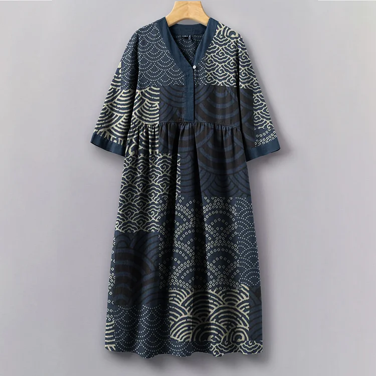 Vintage Japanese Traditional Sashiko Patchwork Art Pattern Painting V-Neck Long Sleeves Dress