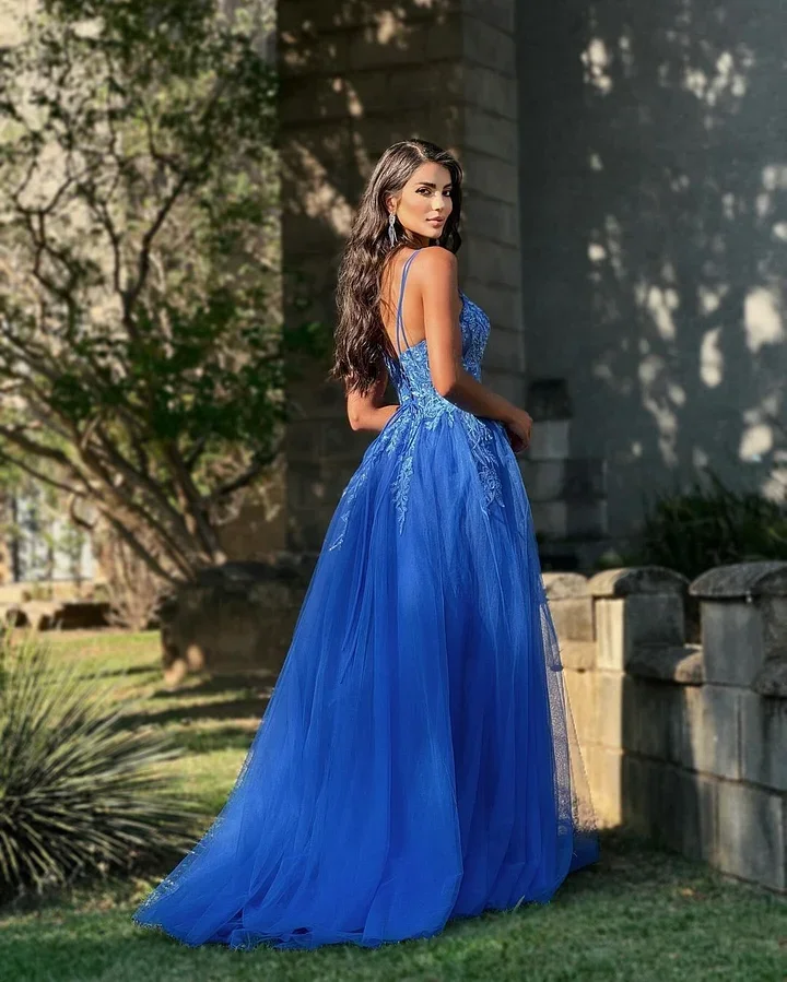 Light Blue Backless Spaghetti Straps Tulle Prom Dress wifh Ruffles LBQ0675 main image 1