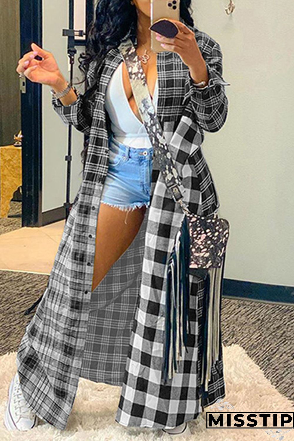 Black Gray Casual Plaid Print Cardigan Turndown Collar Outerwear