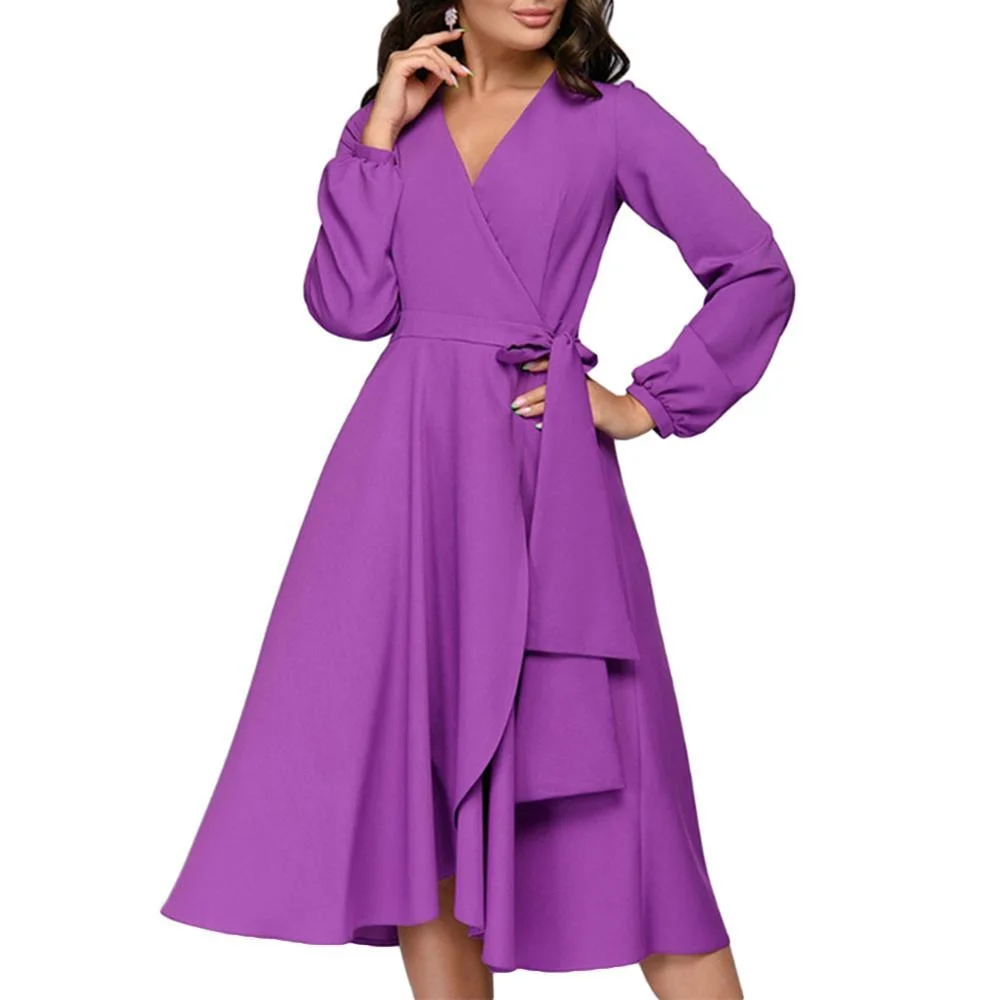 Chic Women Solid Color V Neck Long Sleeve Waist Tight Large Swing Midi Dress Suitable for Party Dance Cocktail Banquet Xmas gift