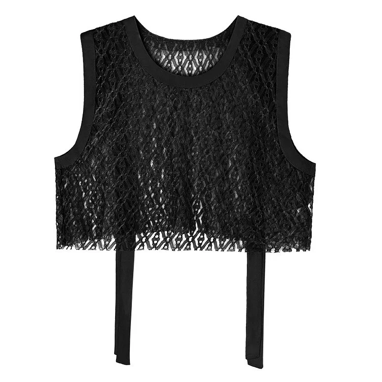 Fashion Solid Color Crewneck Perspective Hollow Out Lace Splicing Ribbon Crop Tank