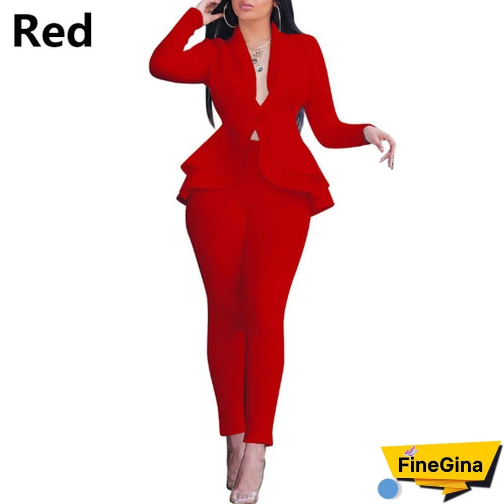 Women's Formal Office Outfits Work Blazer Business Jacket Pants Ruffle Suit Set Solid Color
