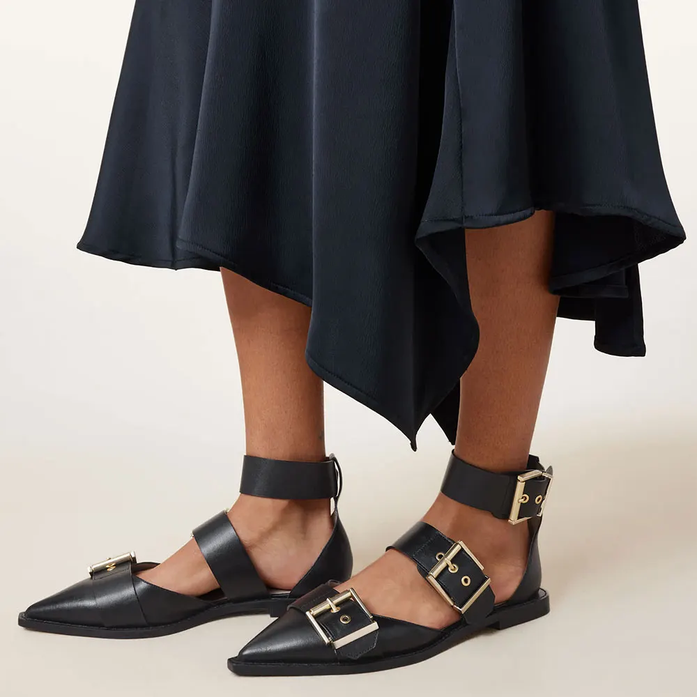 Fashion Black Pointed Toe Ankle Strap Buckled Women's Dress Flats