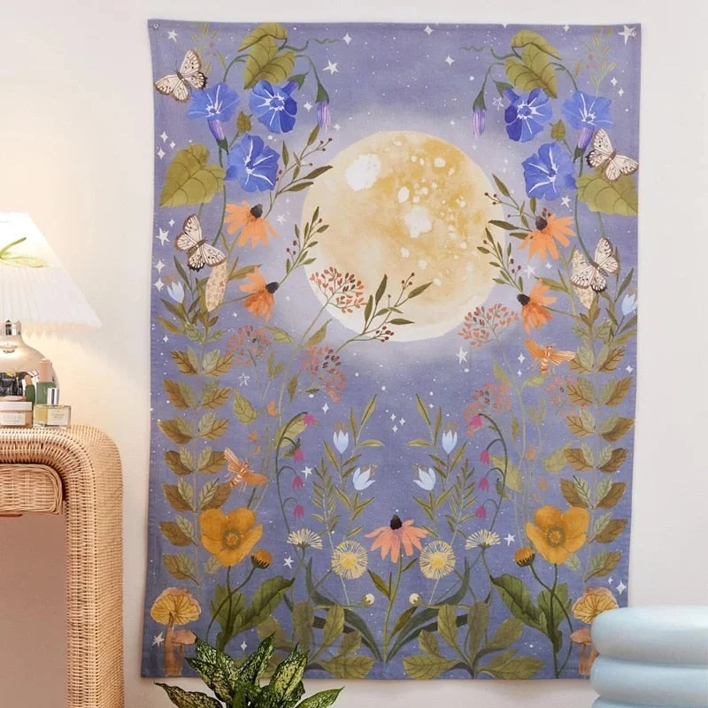 Moon flowers Tapestry Celestial Floral Wall Tapestry Wall Hanging Hippie Flower Wall Carpets Dorm Decor Starry Sky Carpet