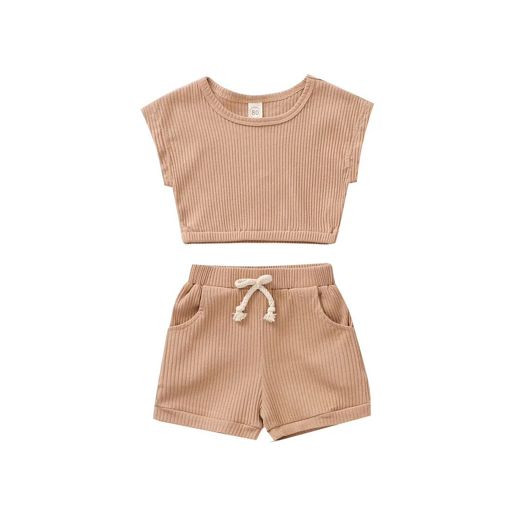Kids Baby 2-piece Summer Ribbed Outfit Set Solid Color Top and Pocket Shorts Set for Children Boys Girls 6M-3T