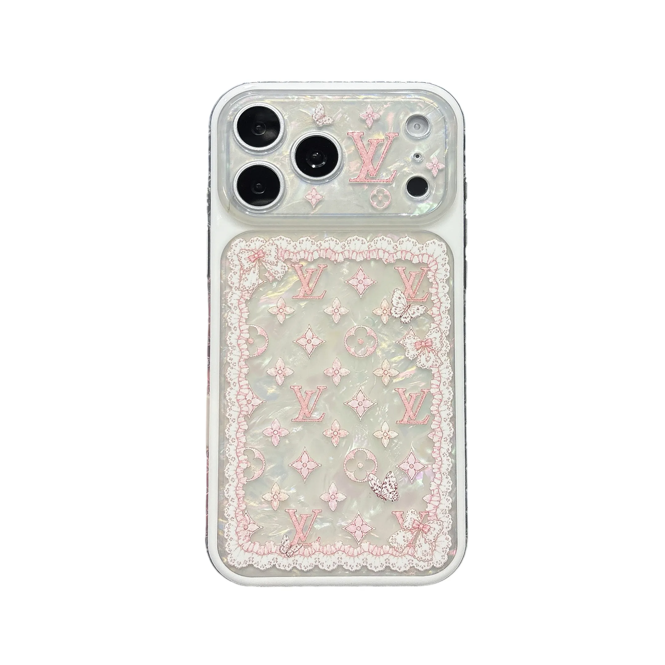 LV Pink Lace & Iridescent Monogram Clear Case for iPhone 17/16/15 Series
