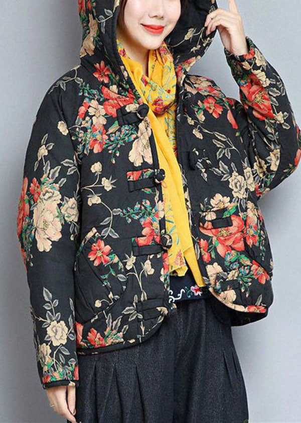 VCSHOES Black Hooded Pockets Print Cotton Filled Womens Coats Winter