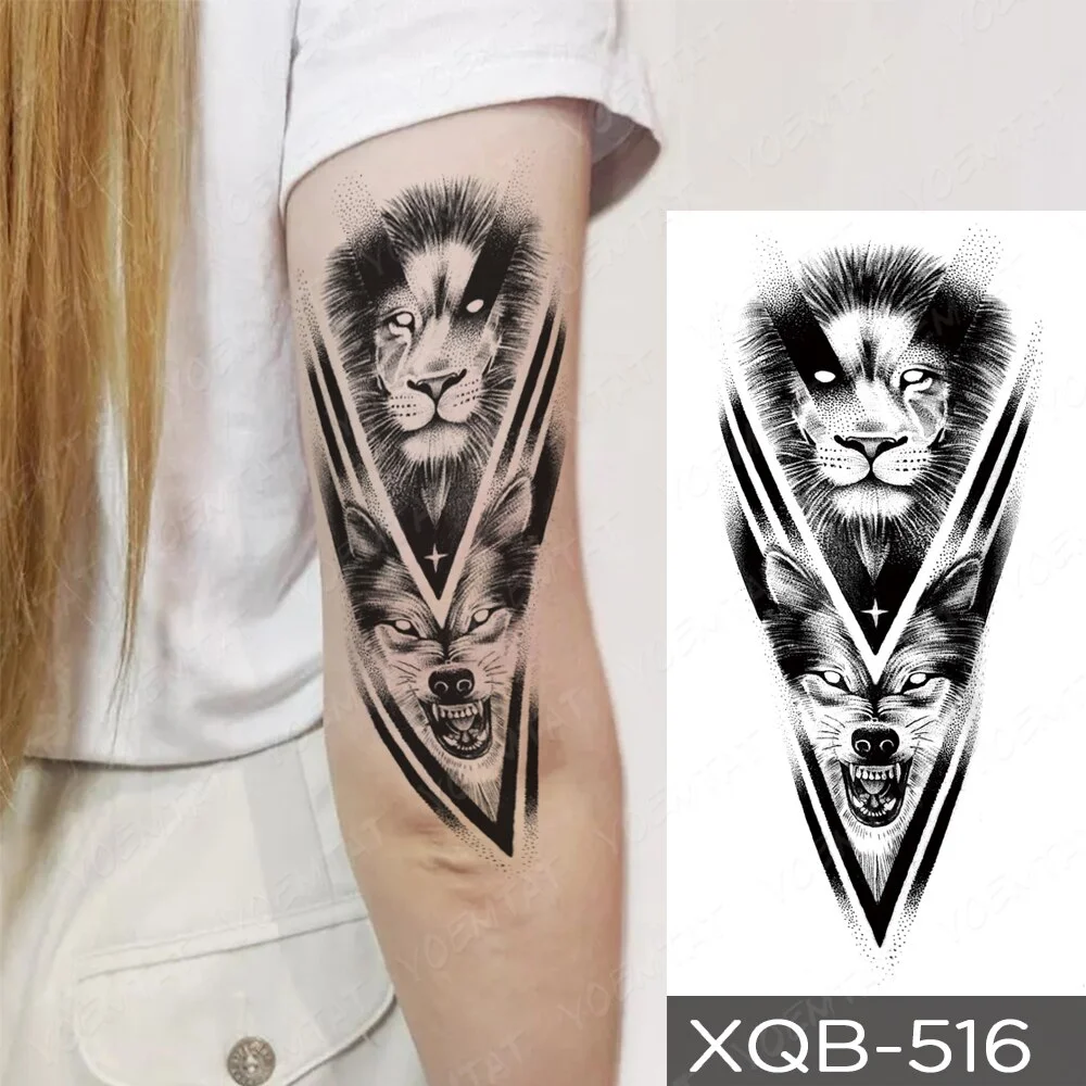 Sdrawing Temporary Tattoo Sticker Old School Lion Wolf Flash Tatto Triangle Geometry Body Art Arm Fake Tatoo Men Women