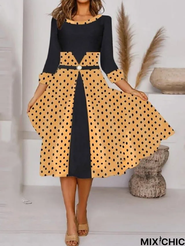 Women's Casual Dress Shift Dress Polka Dot Dress Midi Dress Yellow Green 3/4 Length Sleeve Polka Dot Print Winter Fall Autumn Crew Neck Stylish Fall Dress 2023 S M L XL 2XL