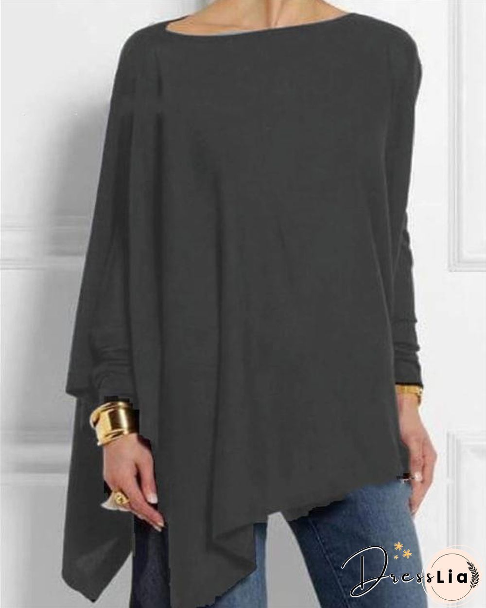 Solid Long Sleeve Crew Neck Casual Irregular Blouses Tops