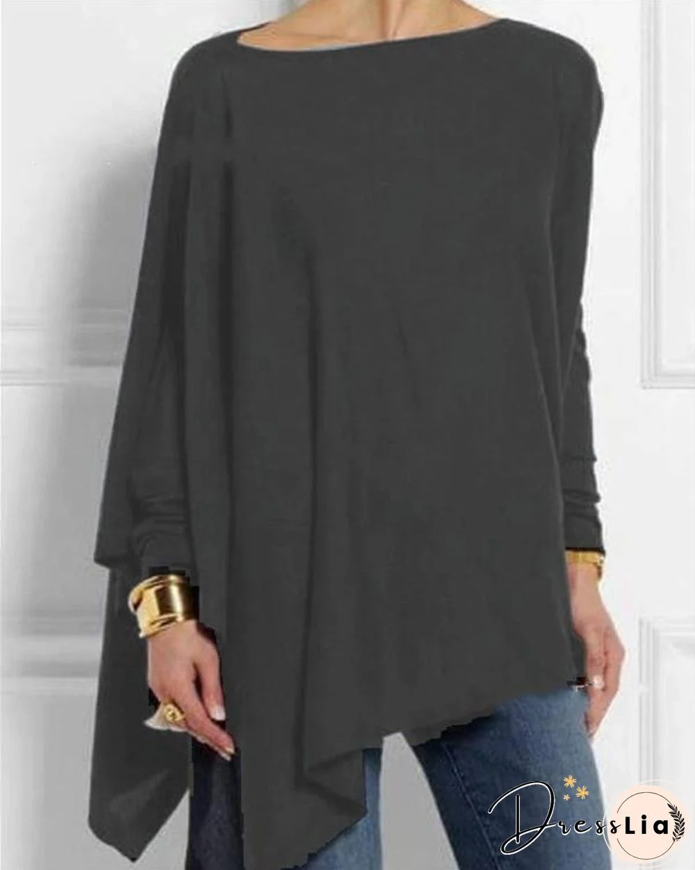 Solid Long Sleeve Crew Neck Casual Irregular Blouses Tops