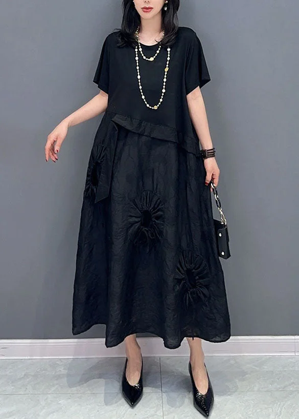 Boutique Black O Neck Cinched Patchwork Cotton Dress Summer