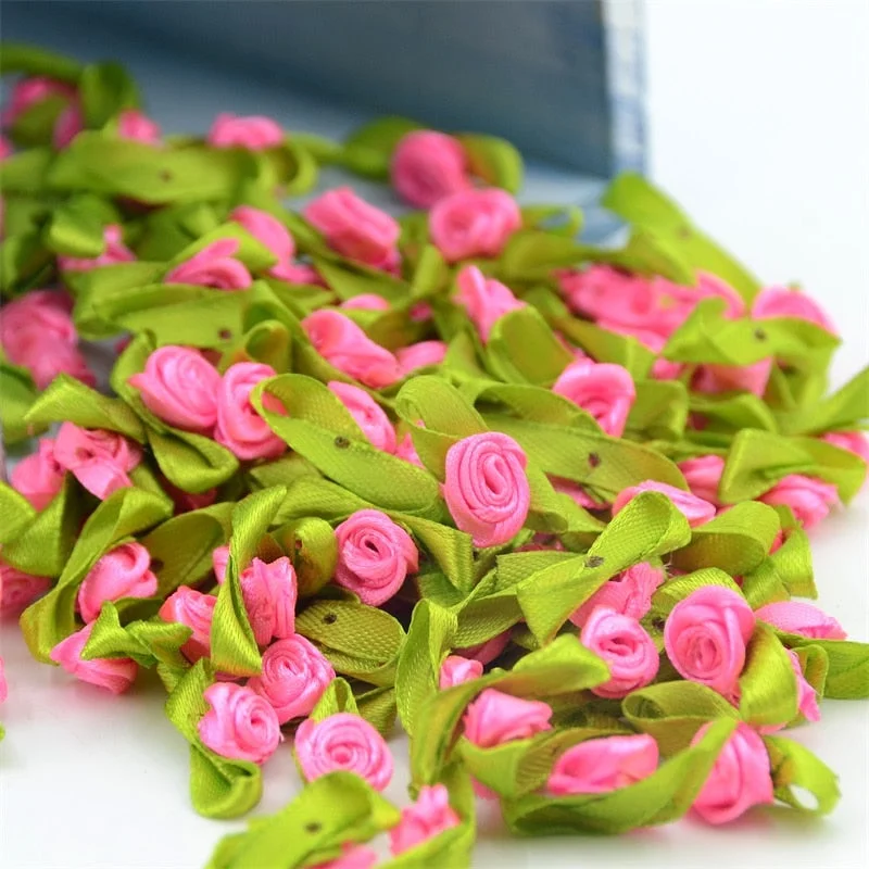 300pcs Mini Satin Ribbon Flower Silk Rose head Ribbon DIY Wedding Bow Appliques Craft Sewing Clothing Accessories  Decoration