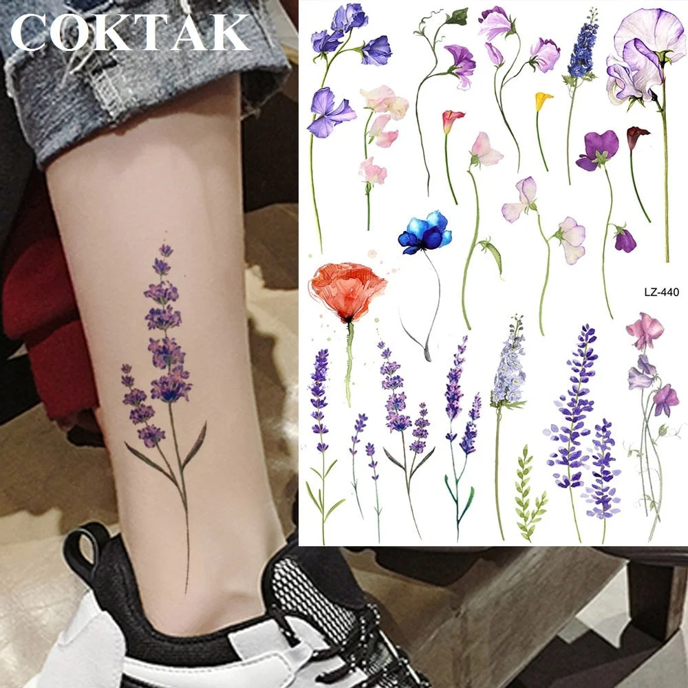 Watercolor Lavender Reed Morning Glory Flower Tattoos Temporary Women Sexy Custom Tattoo Stickers Flash Fake Girls Tato Ankle