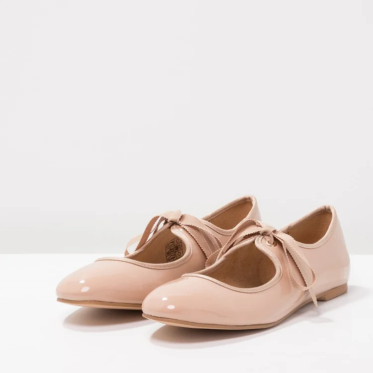 Blush Patent Leather Flats Women's Round Toe Lace Up Vintage Shoes |FSJ Shoes