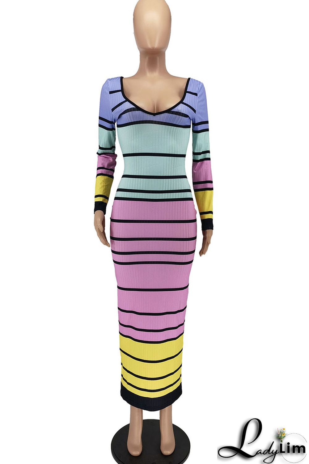 Pink Sexy Striped Print Patchwork V Neck Pencil Skirt Dresses