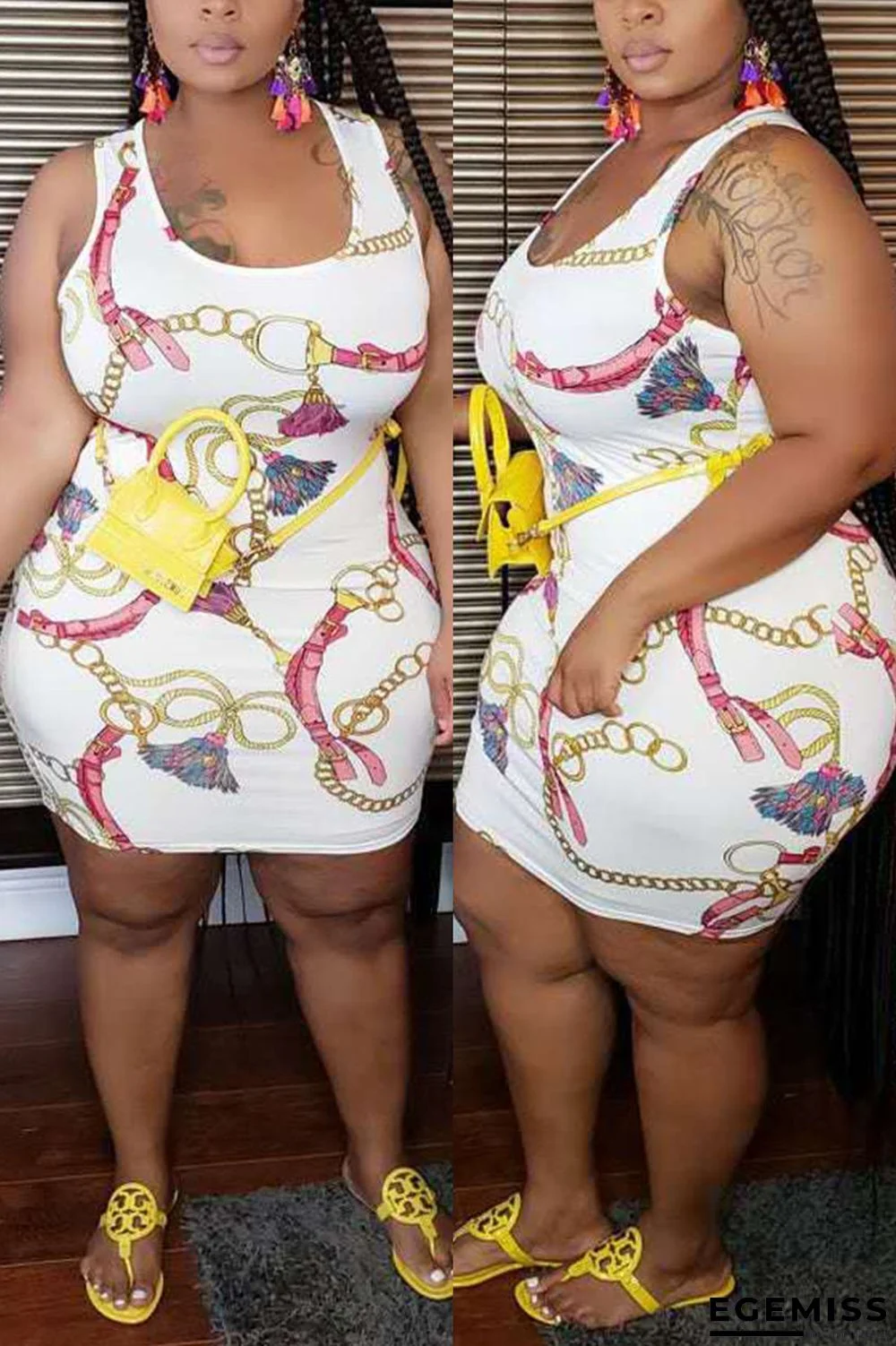 White Sexy Fashion Print Plus Size Sleeveless Dress | EGEMISS