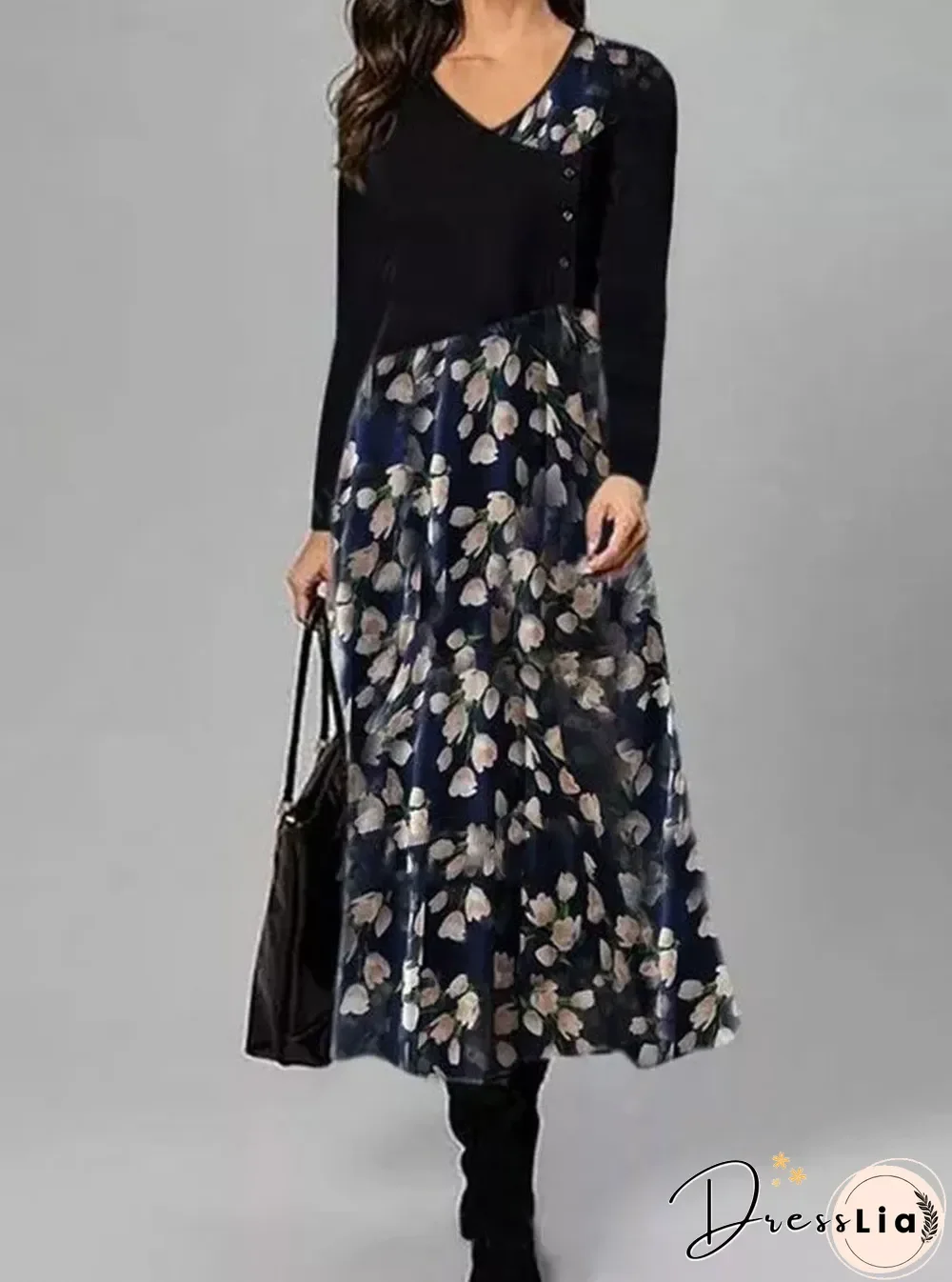 Fashion Flower Print V-neck Long Sleeve Casual Maxi Dress Black Dresses
