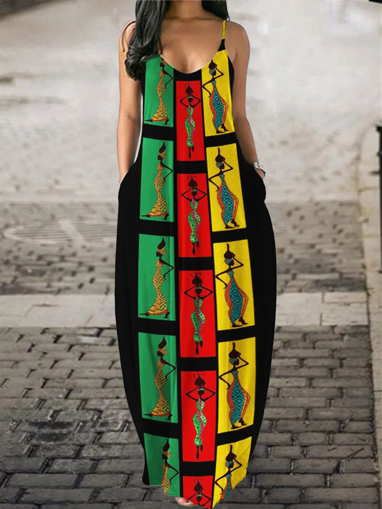 Traditional African Women Colorblock Art Cami Maxi Dress
