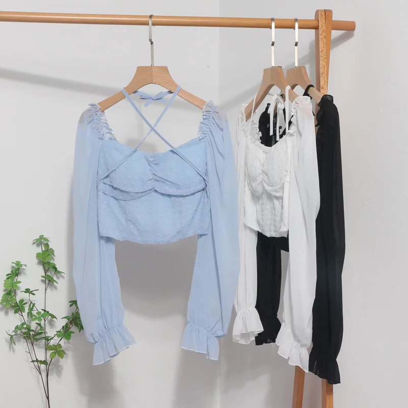 Uveng Fang Collar Leak Collar Collar Collar Short Shirt 2023 Spring Dress New Lantern Long-Sleeved Collar With Hanging Neck Shirt Women's Top 8876