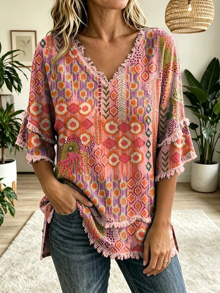 Women's Boho Floral Art Print V-Neck Tasseled Cotton Top