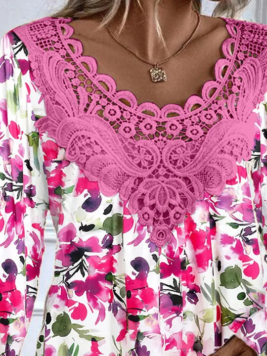 Women's Long Sleeve Scoop Neck Graphic Floral Printed Lace Top