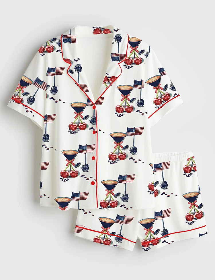 Women&rsquo;s Espresso Martini Cherry Coquette Bow USA Flag Cocktail 4th Of July Short Sleeve Satin Pajama Set