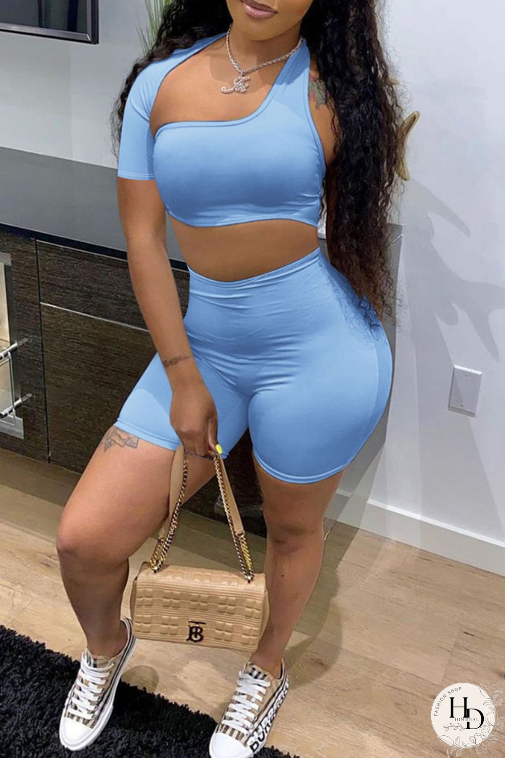 Blue Sexy Solid Hollowed Out Asymmetrical Collar Short Sleeve Two Pieces