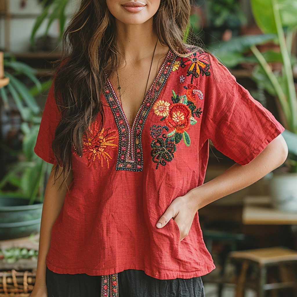 Woman - Ethnic Linen Top-inspireuse