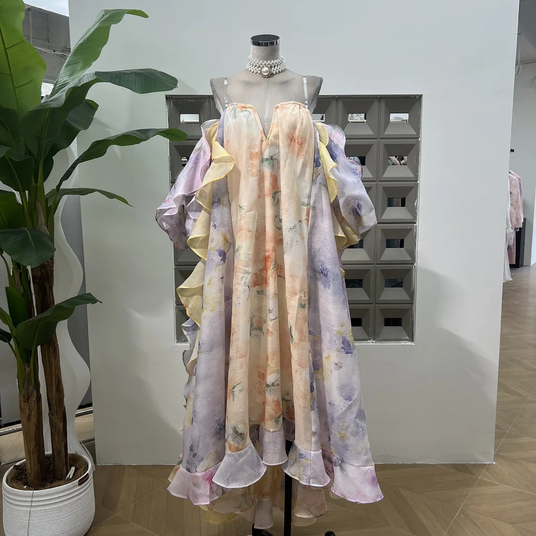 Zingj High-End Heavy Industry Holiday Style Tective Dress Large Size Loose Lotus Leaf Side Print Bare Back Sexy Dress