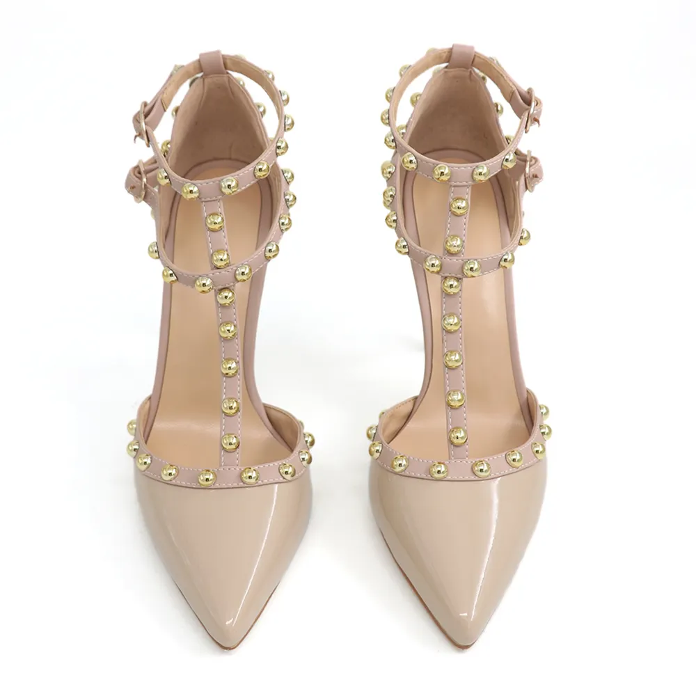 3.94&ldquo; Womens Pointed Toe Pumps Golden Round Rivets Ankle Strap Apricot Sandals-vocosishoes