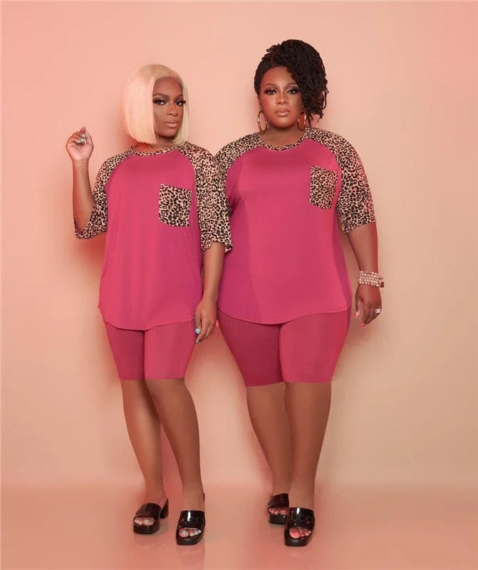 S-5xl Plus Size Women Clothing Two Piece Set Wholesale Matching Set Leopard Patchwork Crop Top and Pants Tracksuit Dropshipping
