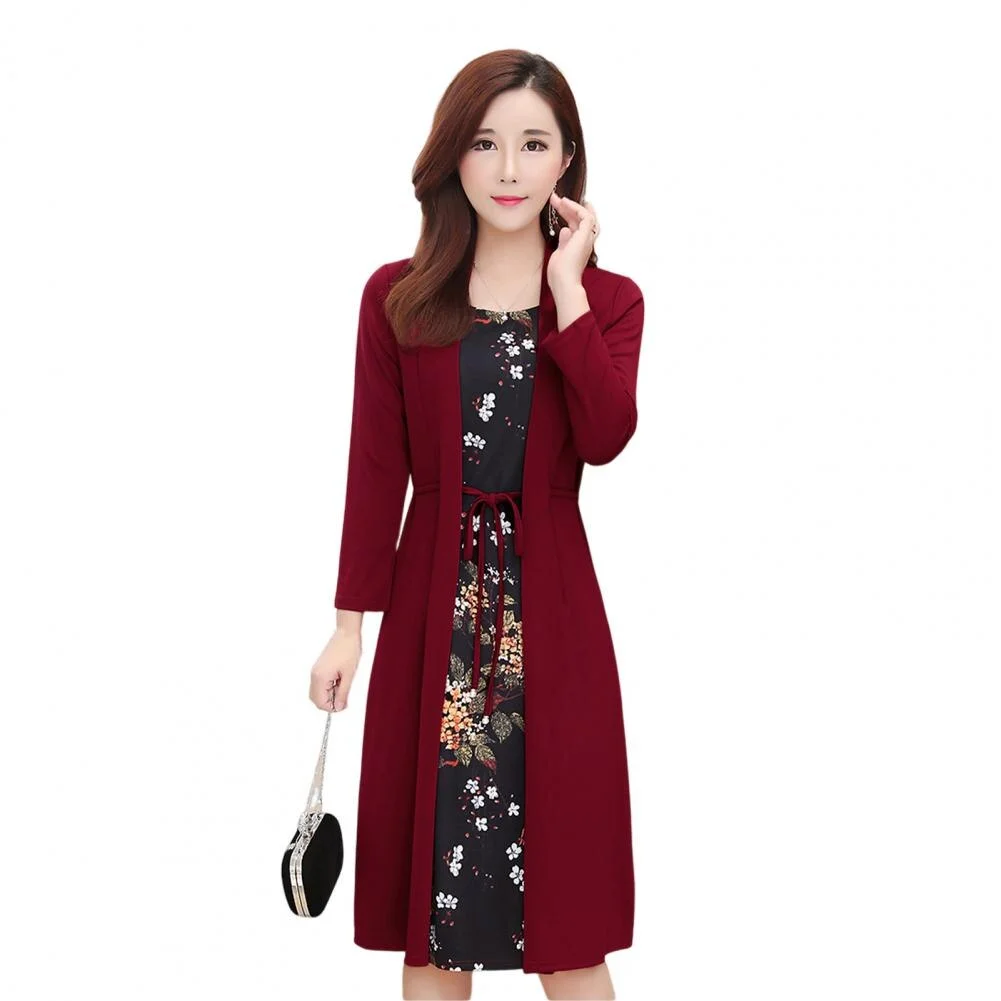 O-Neck Long Sleeve Lace-up Waist Tight Elegant Dress Flower Print Fake Two Pieces Cardigan Midi Dress Female Clothing