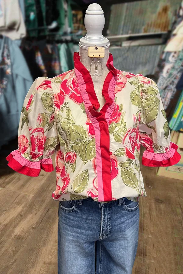 Ruffle Stripe Trim Floral Poplin Top