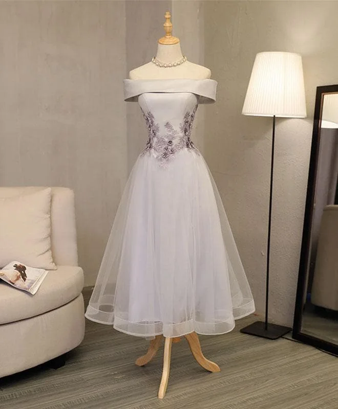 Gray A Line Off Shoulder Tea Length Prom Dress, Lace Evening Dress