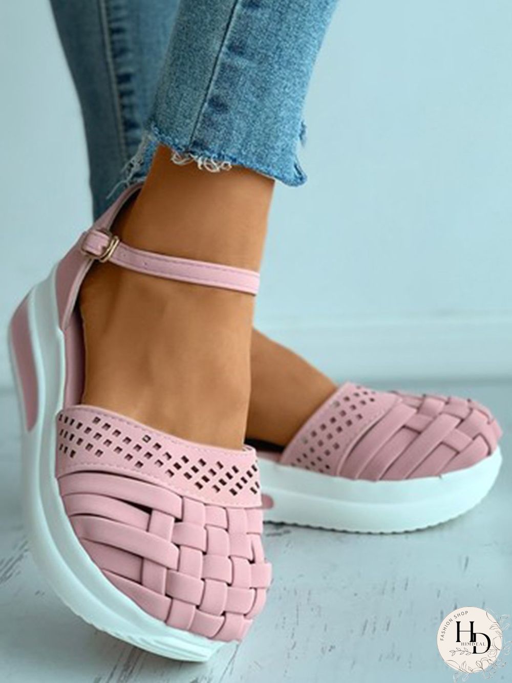 Braided Breathable Cutout Toe Platform Buckle Sandals