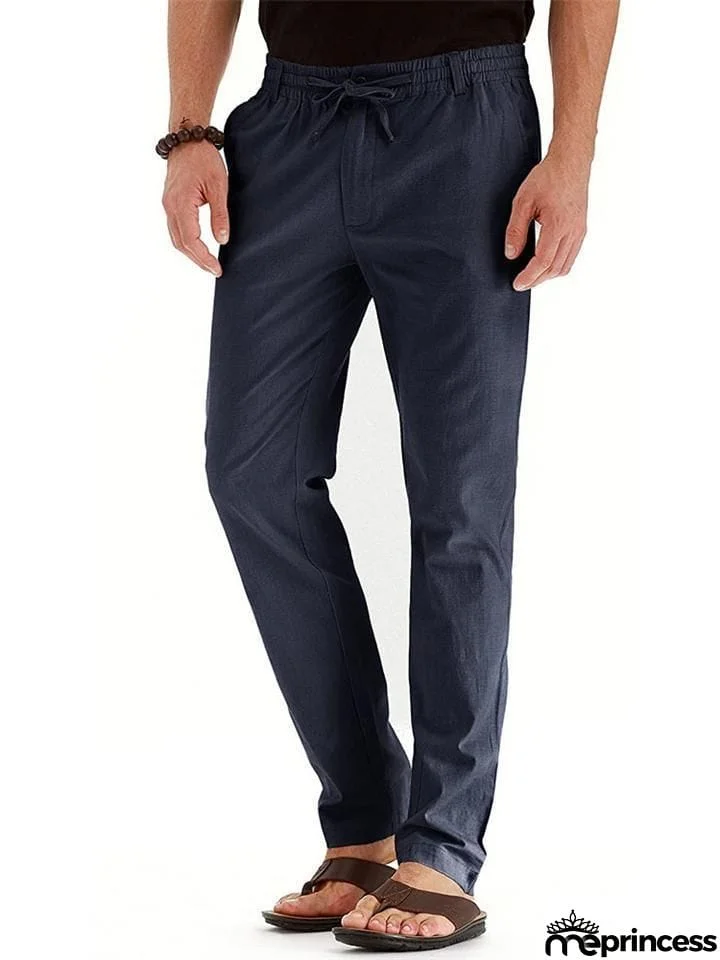 Men's Elastic Drawstring Waistband Casual Straight Cotton Pants