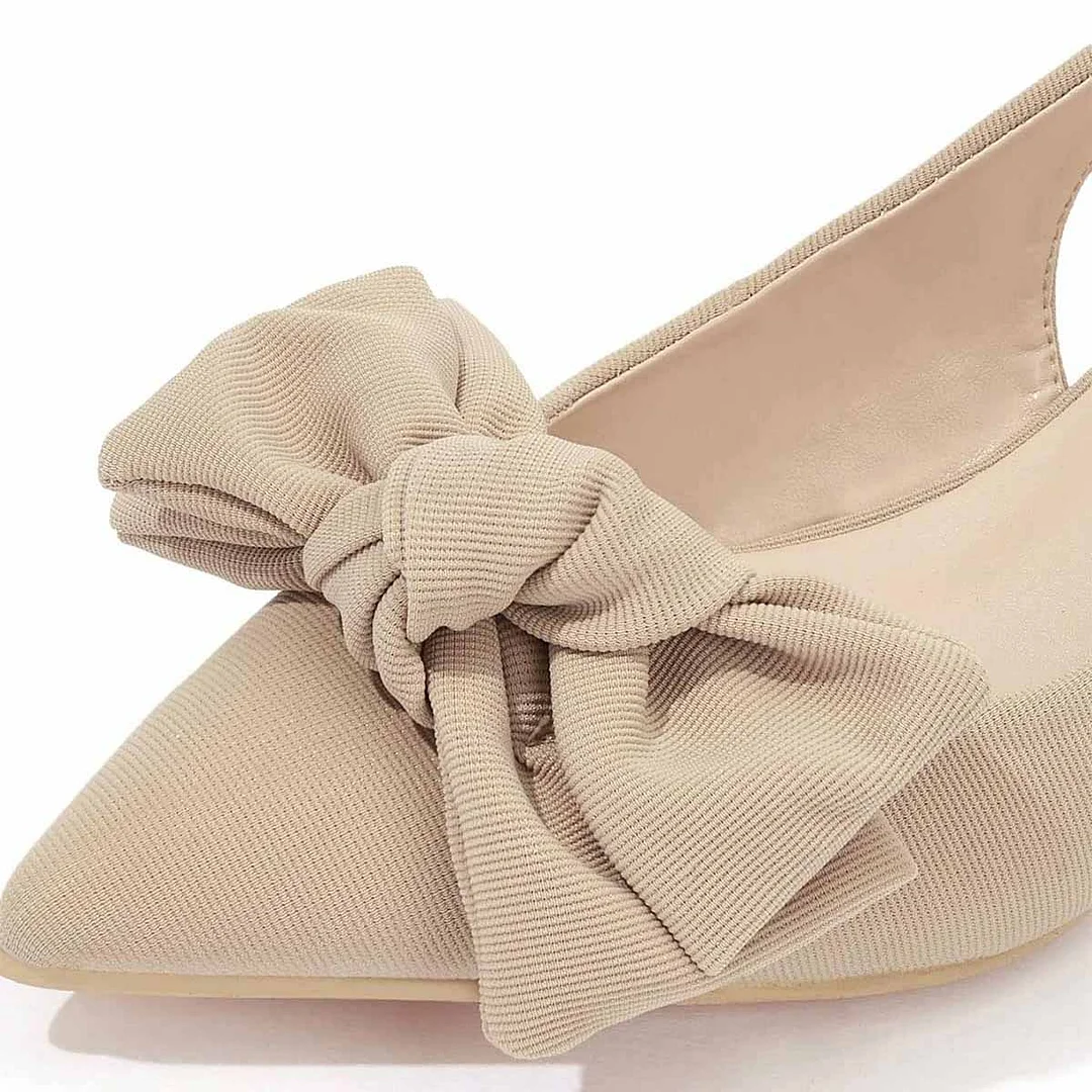 Beige Pointed Toe Bowknot Decor Slingback Kitten Heel Pumps